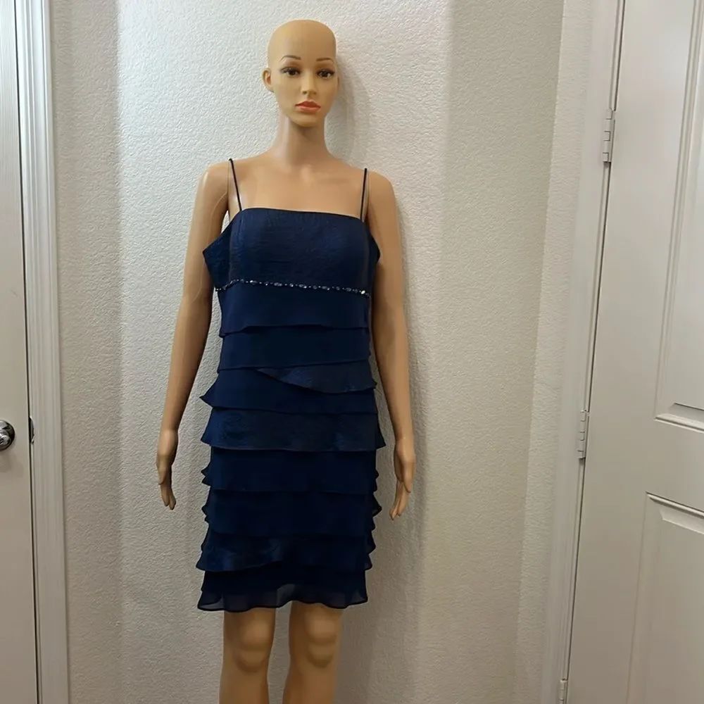 S.L. Fashions Women's Navy Tiered Ruffled Spaghetti Strap Mini Dress Plus Sz 14P